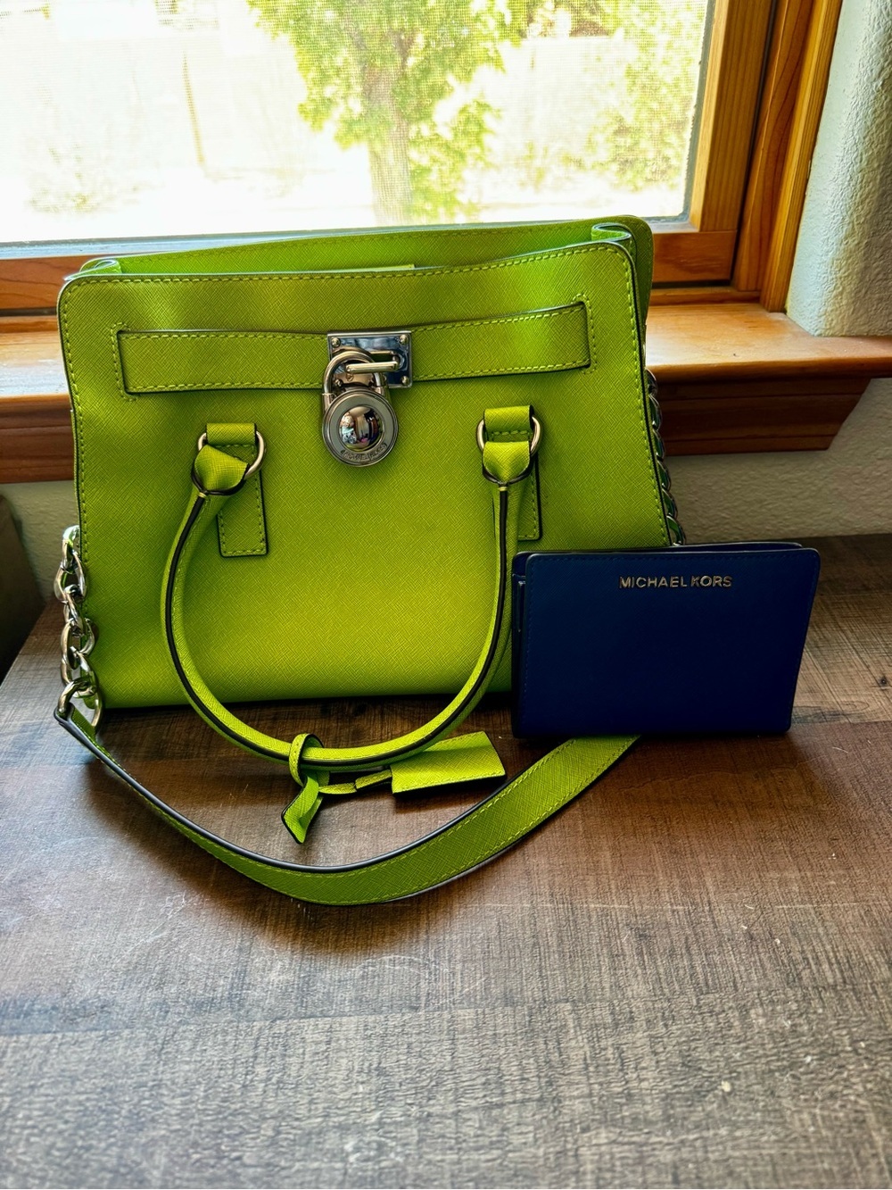 Michael Kors Lime Green Saffiano Satchel with Navy Card Case